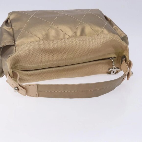 CHANEL Paris Biarritz Shoulder Bag Coated Canvas Beige Silver CC Auth BA4004 - Picture 7 of 15